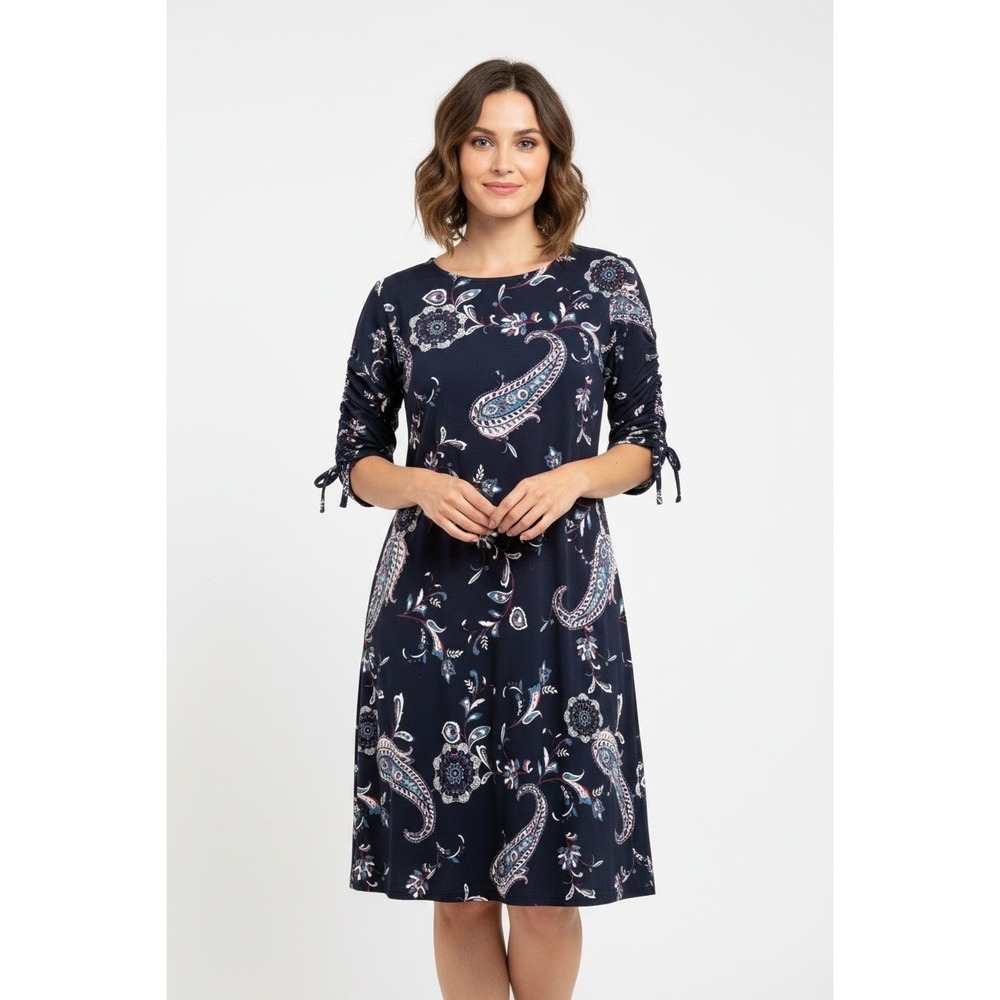 Womens EST. 1946 CATO XL Navy Blue Paisley Floral Ruched Sleeve Shift Dress